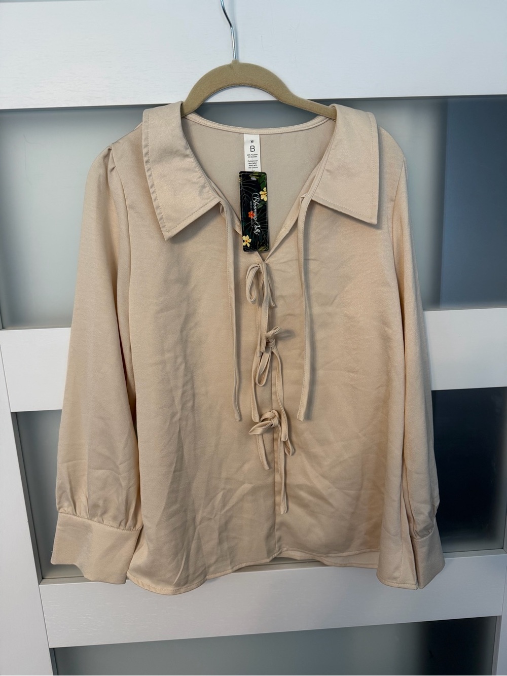 Tie-Front Cream Blouse with Collar